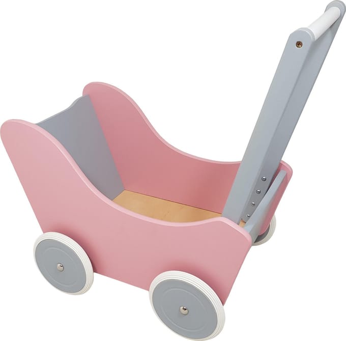 Houten Poppenwagen roze - zilver; exclusief dekje