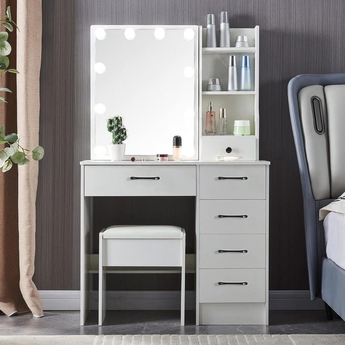 Kaptafel met Spiegel - Beauty Station - Schoonheid Routine - Verstelbare LED Verlichting - 80 x 130 cm - Wit