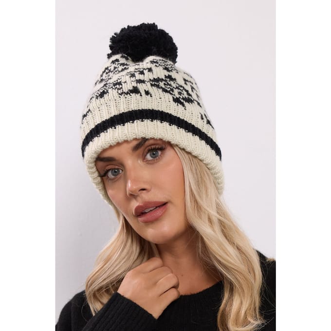 Yours Ivoorwitte Fairisle Pompom Bobble Hoedsize One Size