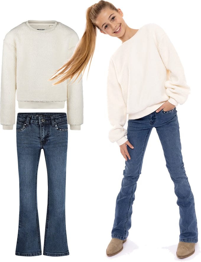No Way Monday - Kledingset - 2delig - Flaired Jeans Blue Jeans - Sweater Off white - Maat 140