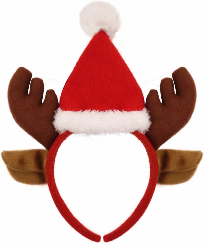 Henbrandt Rendier diadeem - gewei met kerstmuts - bruin met rood - 22 cm - haarband - kerstaccessoires