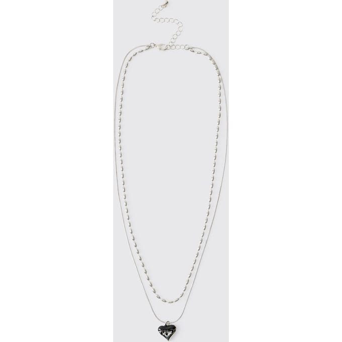 Double-Layer Silver Necklace with Black Molten Heart