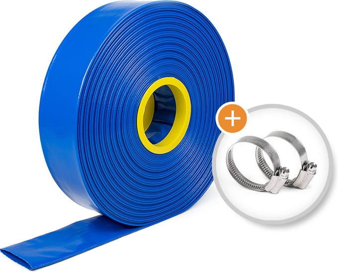 Rubbermagazijn - Verstevigde - platte waterslang - Rol 10m - Ø 77mm - Incl. 2x Slangklem - Flexibel & Scheurvast
