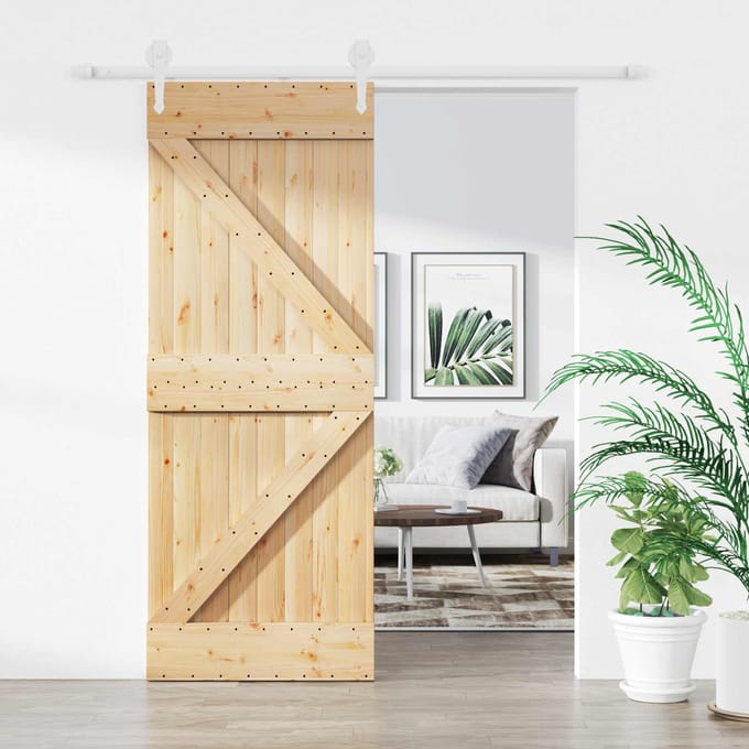 vidaXL - Schuifdeur - 80 - x - 210 - cm - Massief - grenenhout - Natuurlijk - en - Wit