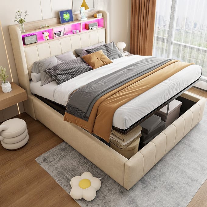 PHOEBE CAT Gestoffeerd bed - 140×200 cm - LED-verlichting - USB/Type-C - Opbergruimte - Linnen - Beige