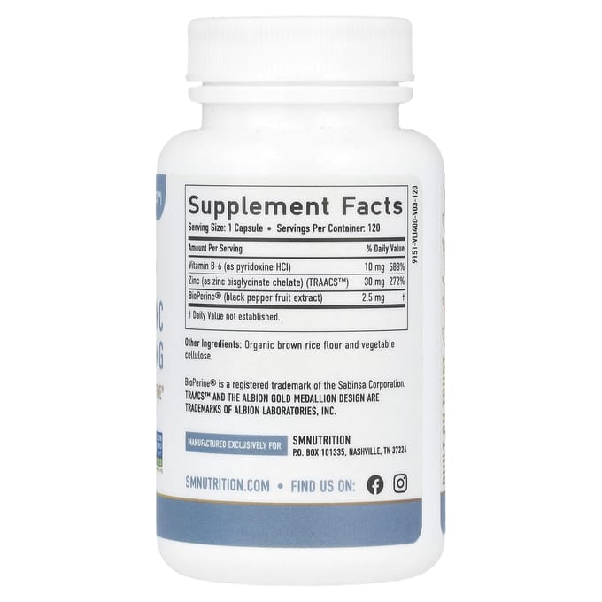 SMNutrition, Gechelateerd Zink Glycinaat, 120 Capsules