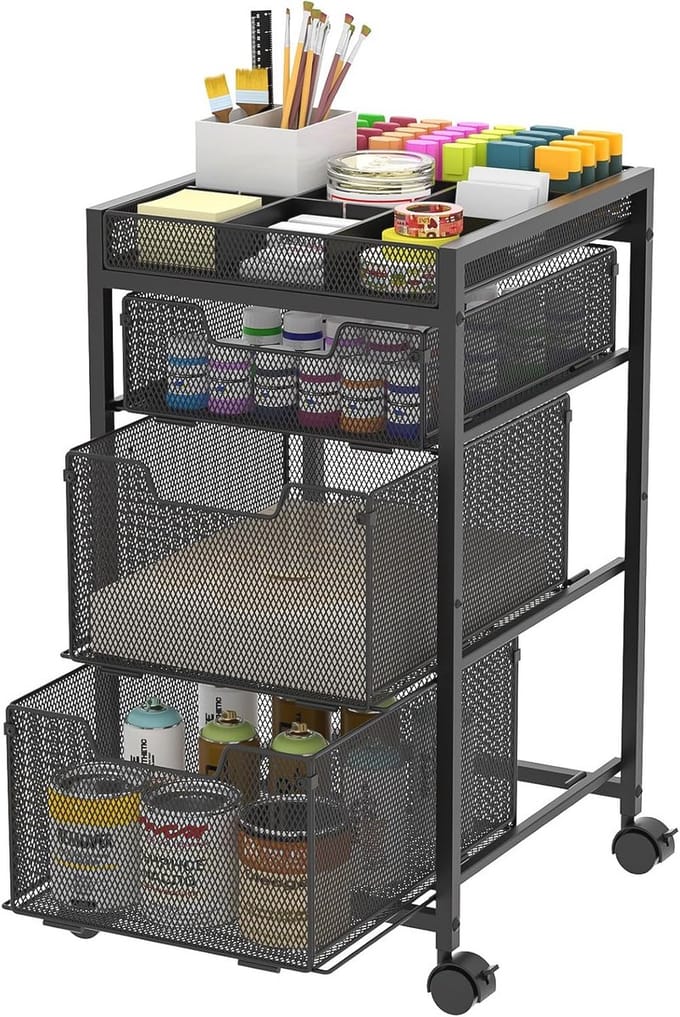 Rolwagen met 3 Laden en Afsluitbare Wielen - Multifunctionele Organizer voor Kunstbenodigdheden