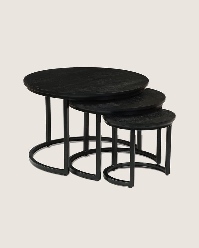 Salontafel Set van 3 Mangohout – Rond – Zwart – Industrieel