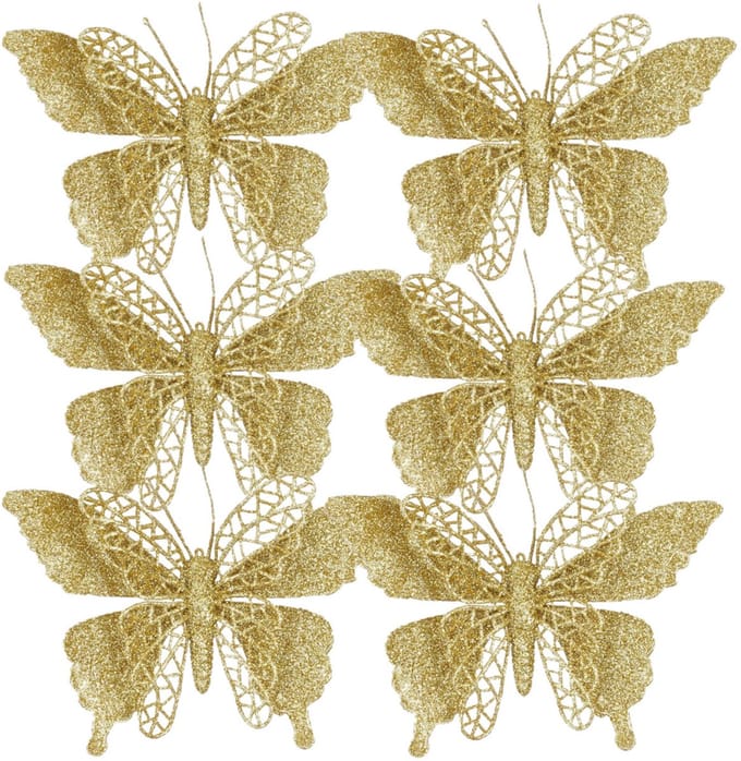 Kerstboomversiering Vlinder - 6x stuks - 16 cm - goud glitter - op clip