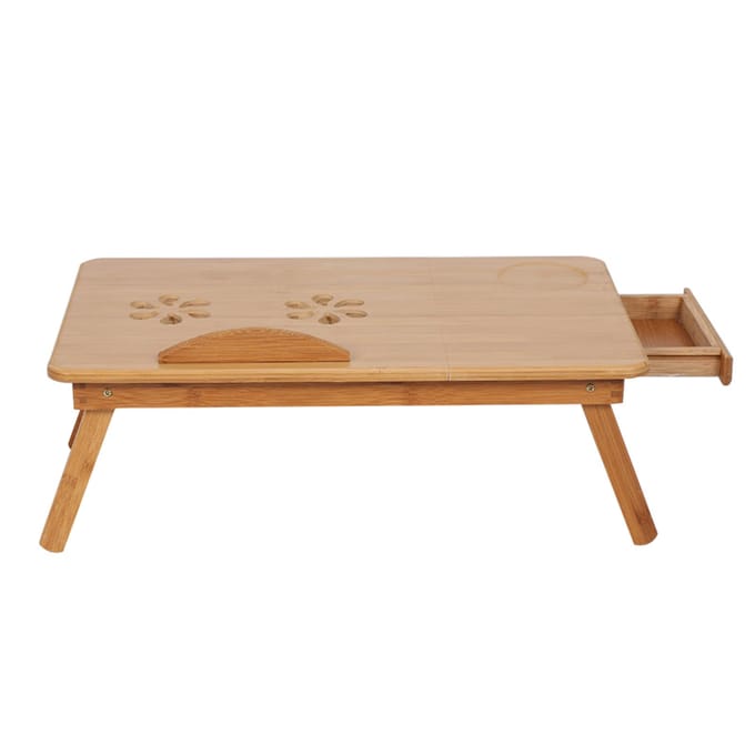 Bureau pliable en bambou pour ordinateur portable, réglable, avec plateau et tiroir blanc