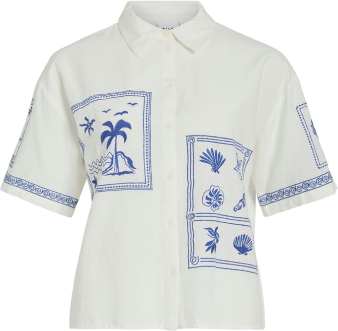 Vila Blouse Vikam S/s Sleeve Shirt/rc 14116039 Snow White/patch Dames Maat - W38