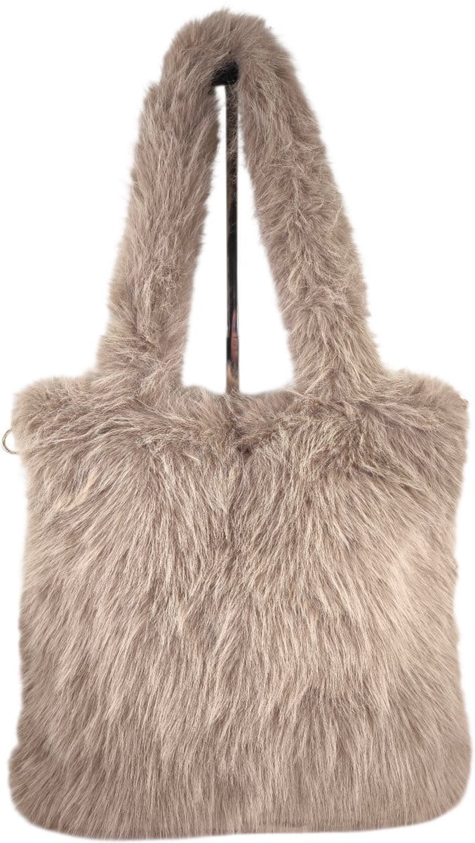 Qischa - schoudertas - hobo tas - fluffy - lange draagriem - taupe