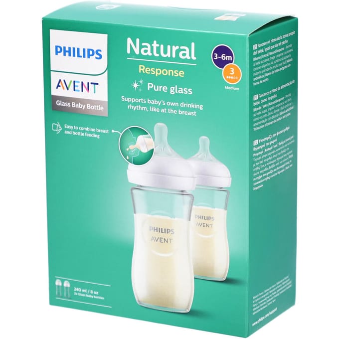 Philips Avent Natural Response Glazen Babyflessen 240 ml – Flow 3- 2 flessen - SCY933/02