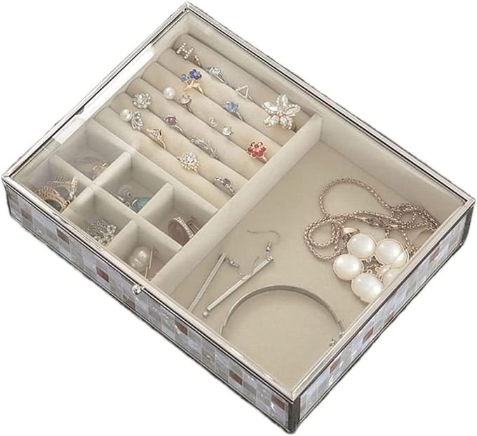 Sieradendoos Luxe - Juwelendoos Organizer - Sieraden Opbergen - Glazen Deksel - 21.8 cm - Marmer