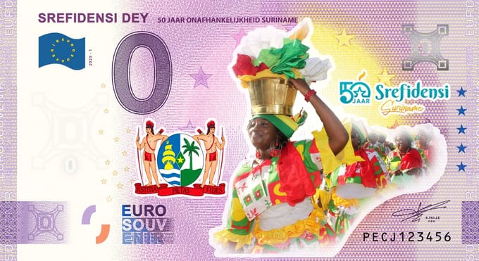 0 Euro biljet Nederland 2025 - Srefidensi Dey 50 jaar onafhankelijk KLEUR