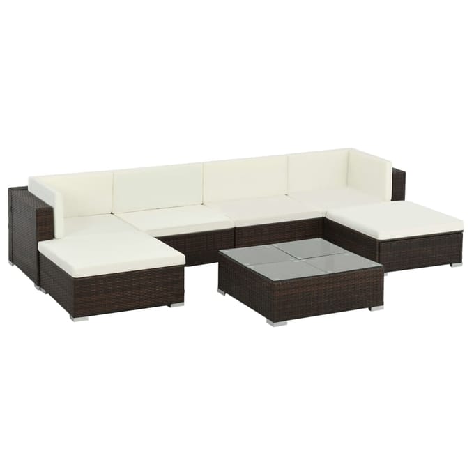 vidaXL - 7-delige - Loungeset - met - kussens - poly - rattan - bruin