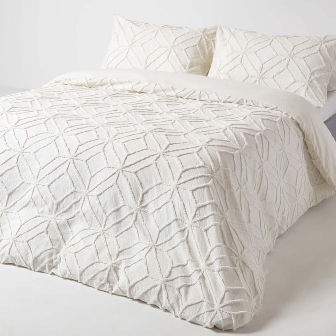 Homescapes perkal beddengoed 230 x 220 cm wit van 100% katoen, getuft met ruitpatroon