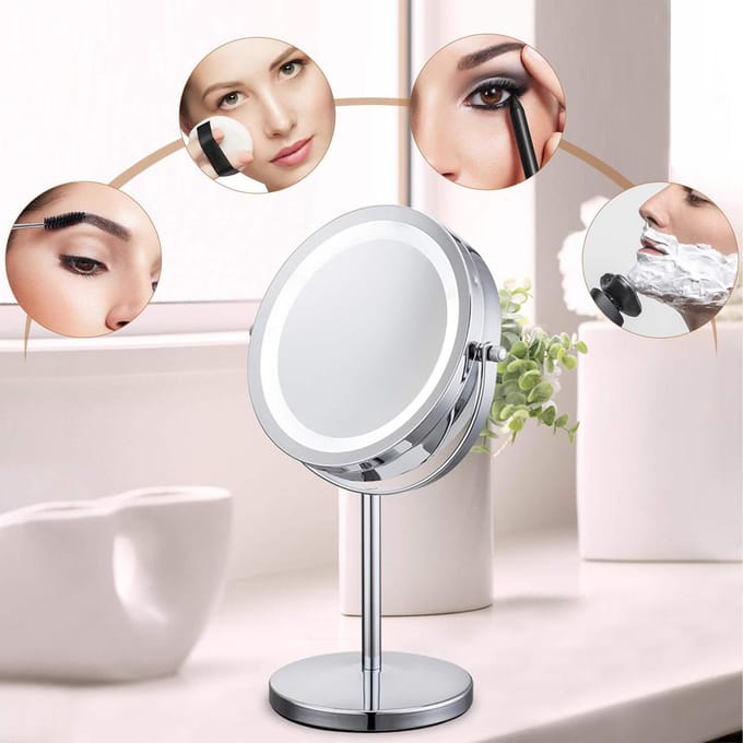 Vergroot Make-up Spiegel met LED Licht Dubbelzijdig 5x Vergroting 360 Graden Rotatie Kaptafel Regular model white