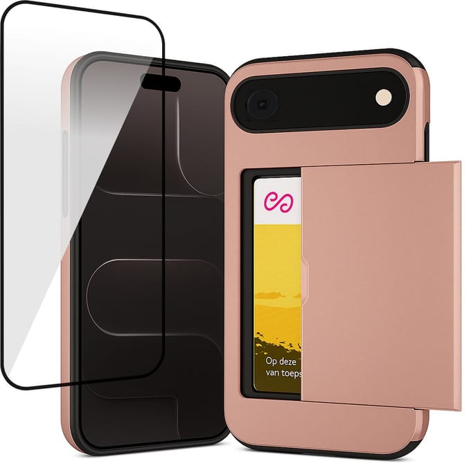 Hoesje met Pasjeshouder geschikt voor iPhone 17 Air - Screen Protector FullGuard - Back Cover SlideCase Roségoud & Screenprotector