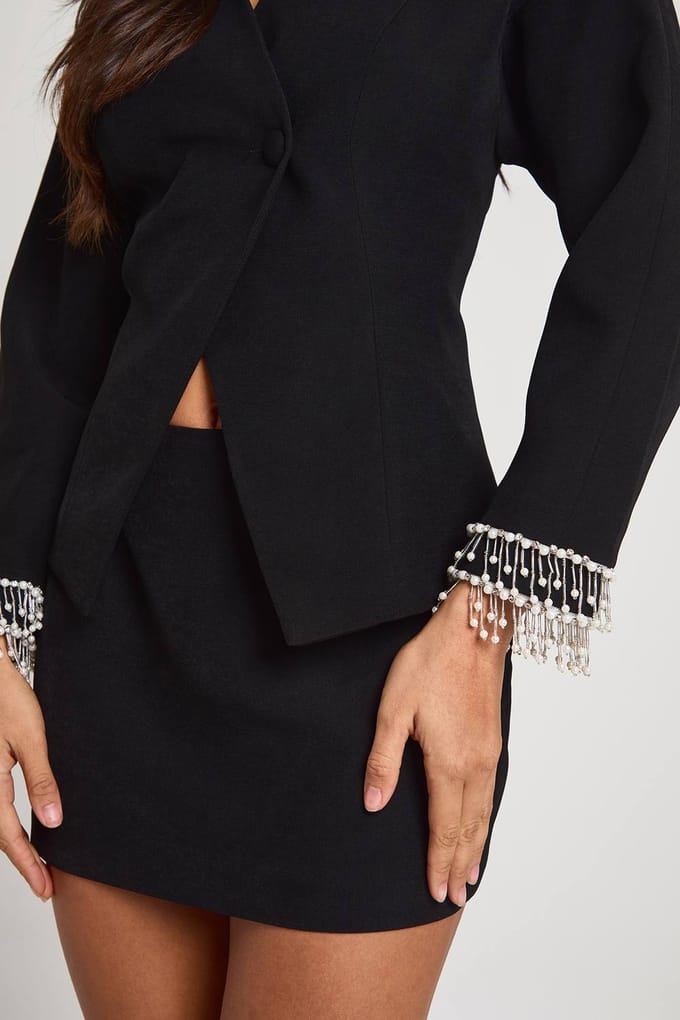 boohoo Dames Pearl Diamante manchet ballonmouw blazer | Zwart | Maat: 36