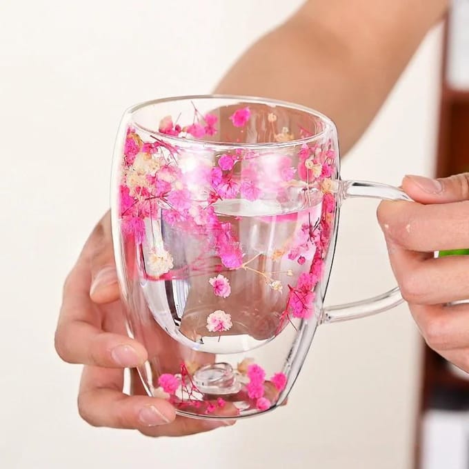 Tasse à café en verre à double paroi avec fleurs séchées, 350 ml, décorative et créative, avec fleurs séchées 350ml