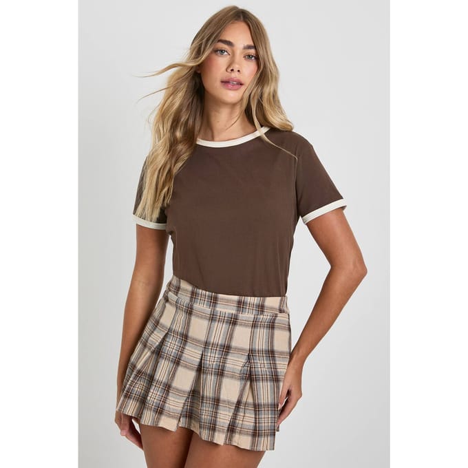 boohoo Dames Boxpleat-ruiten mini-rok | Beige | Maat: 42