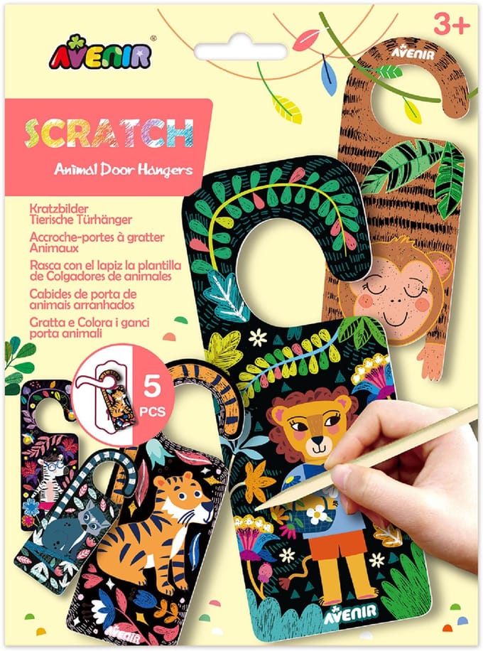 AVENIR Scratch Art - Deurhanger Safaridieren - 5 Stuks - 3 Jaar