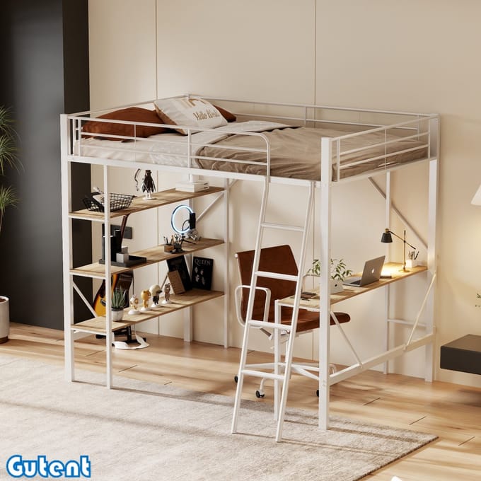 Hoogslaper - 90x200 cm-Iron bed-met bureau en drie grote planken-Wit-Geen matras-Geen stoel