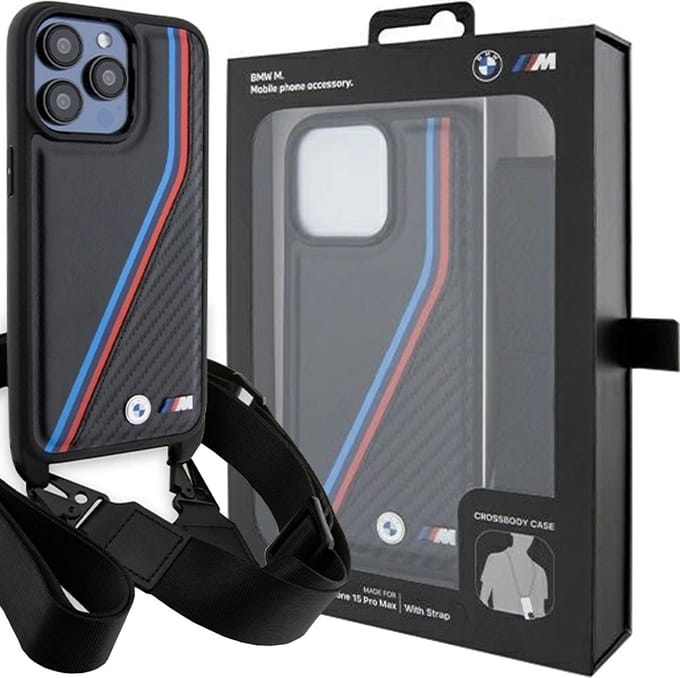 BMW M Edition Carbon Tricolor Lines & Strap case for iPhone 15 Pro Max - black