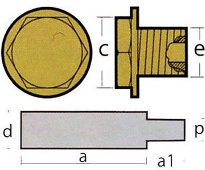 Pencil anode, zink, Scania (a: 45mm, a1: 10mm, d: 17mm, p: M6) (TEN02201)