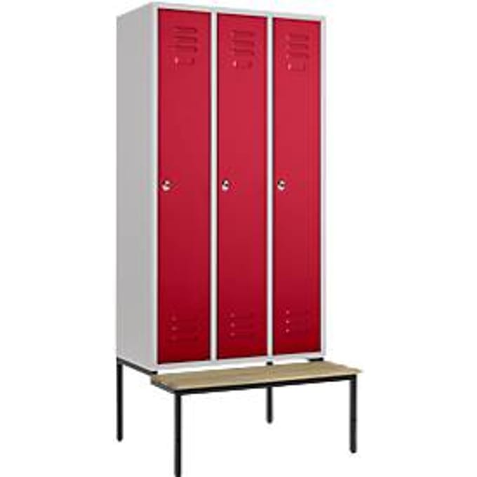 Kledinglocker, 3 compartimenten, 300 mm, draaigrendelslot, zitbank Deur robijnrood
