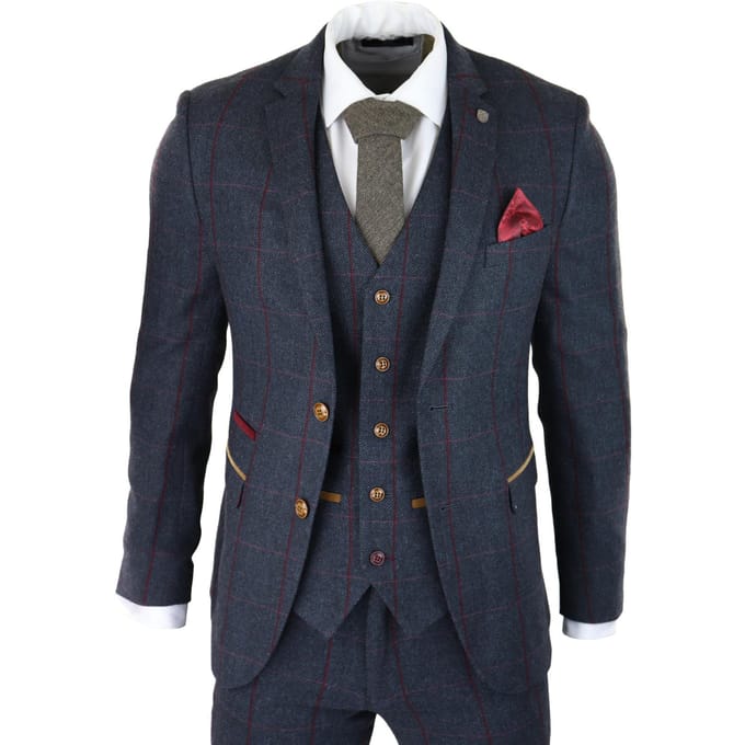 Heren Herringbone Tweed Kostuum 3-delig Marineblauw Peaky Blinders 1920s Tailored Fit