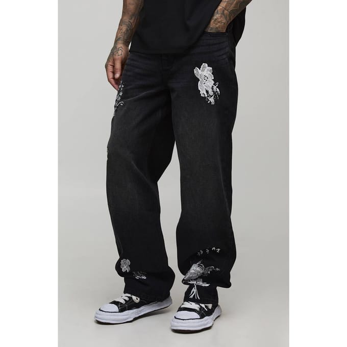 Hoge Relaxte Stijve Bloemen Geborduurde Jeans | Washed Black | Size 36