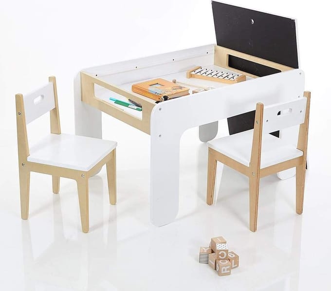 Kindertafel Met 2 Stoeltjes - Beboonz Activity- Knutseltafel - Met opbergruimte Tekentafel - Hout - Bruin/Wit