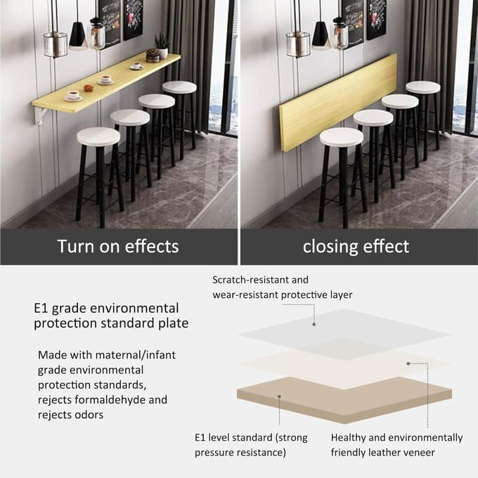 Opklapbare Keukentafel - Wandbureau Eettafel - Ruimte Besparen - Zwevend Ontwerp - 110x30cm - Zwart