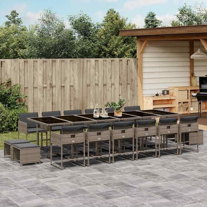 vidaXL - 17-delige - Tuinset - met - kussens - poly - rattan - grijs