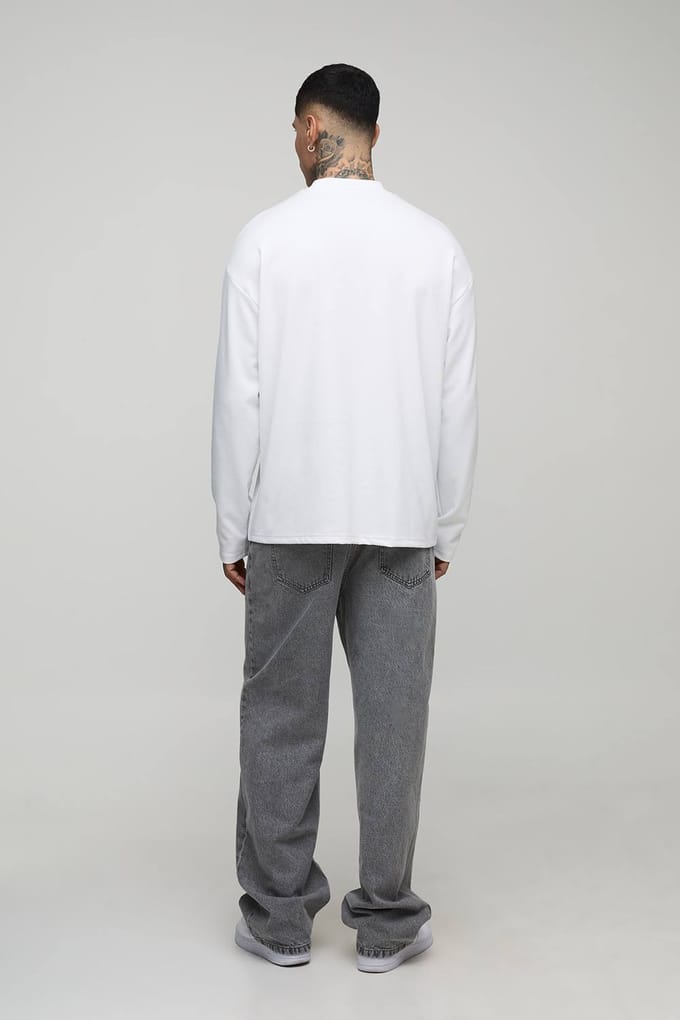 Lang, oversized, superzwaar premium T-shirt met lange mouwen | White | Size Medium
