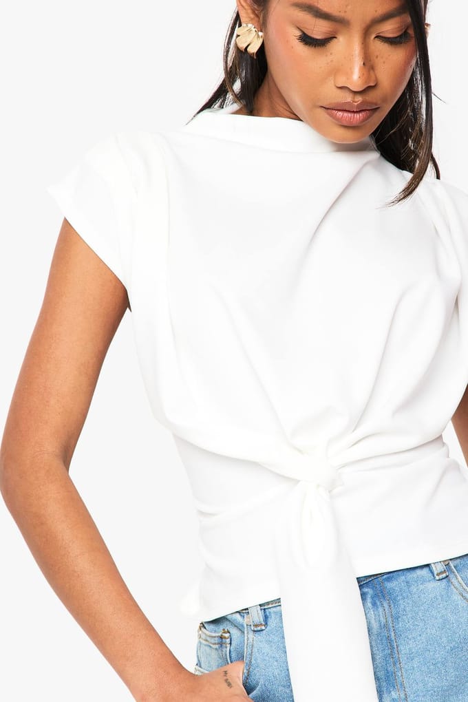 boohoo Dames Crepe Knot Cowl Neck Blouse | Wit | Maat: 42