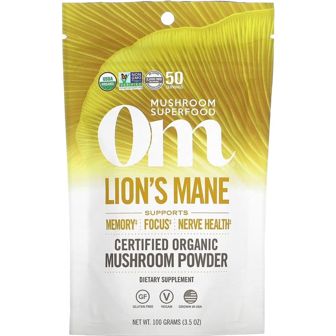 Om Mushrooms, Lion's Mane Mushroom, 100% gecertificeerd biologisch paddenstoelenpoeder, 99 gram (100 gr)