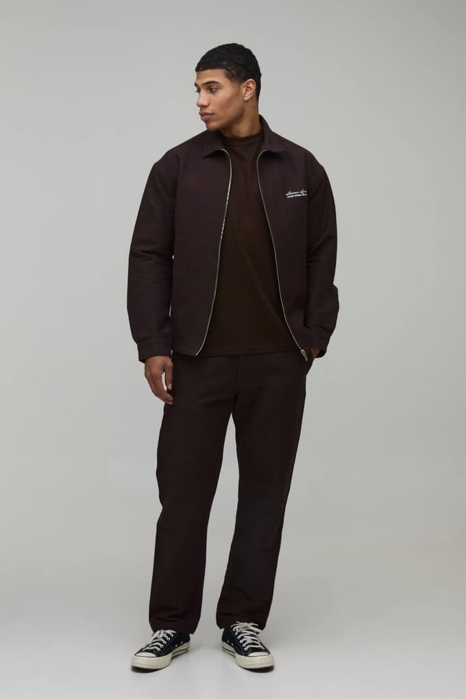 Textured Twill Regular Zip Up Overshirt & Straight Trouser Set | Chocolate | Size Medium