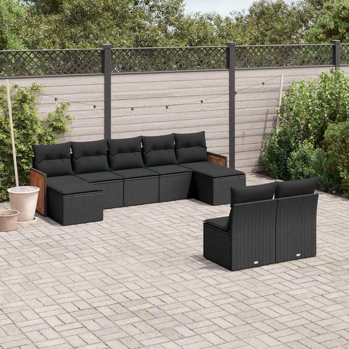 vidaXL - 9-delige - Loungeset - met - kussens - poly - rattan - zwart