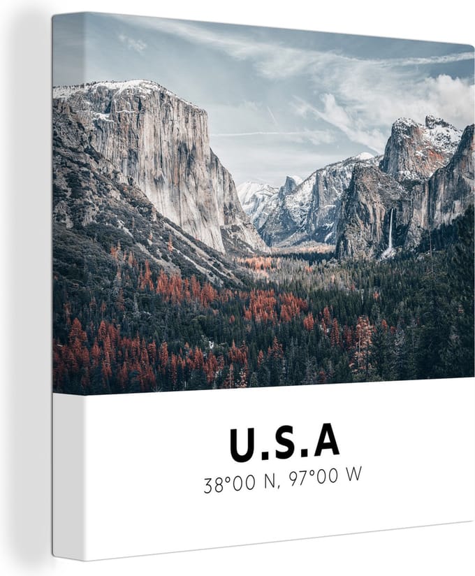 Canvas Schilderij Amerika - Yosemite - Bergen - Bos - 90x90 cm - Wanddecoratie
