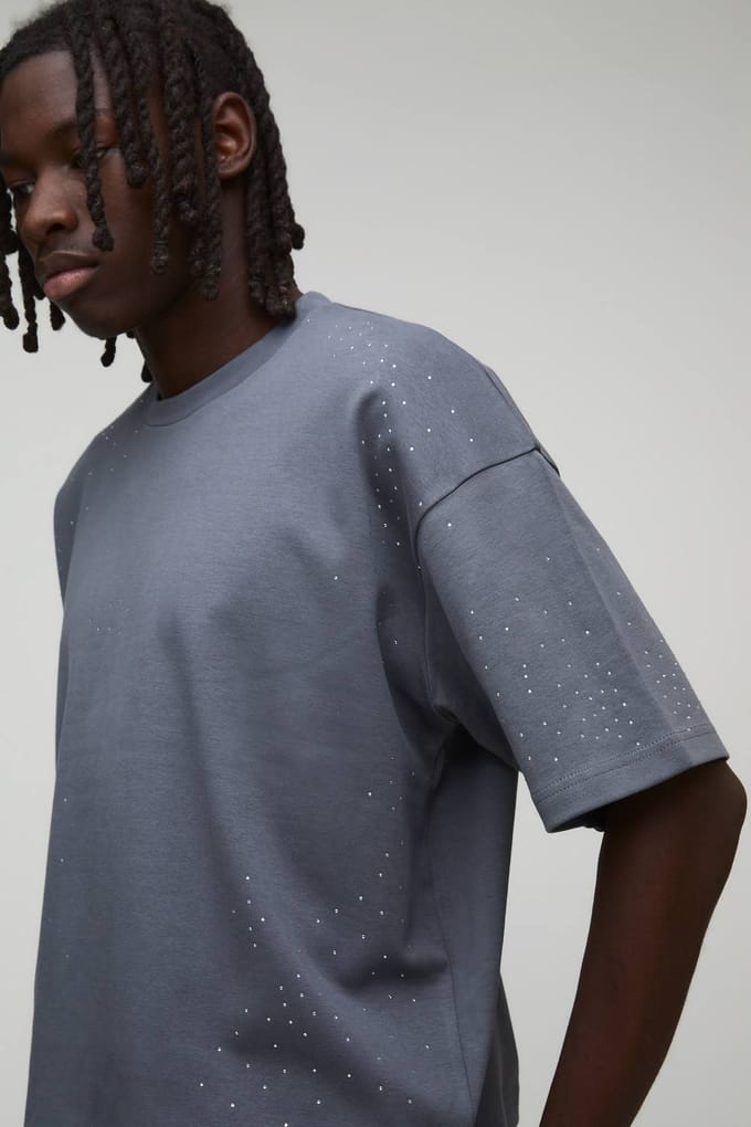 Oversized Ingekrompen Boxy Rhinestone Heavyweight Interlock T-Shirt | Charcoal | Size Medium