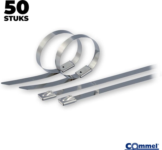 50x Commel RVS Kabelbinders - 200 x 7.9 mm - Grijs - RVS - Treksterkte 150kg