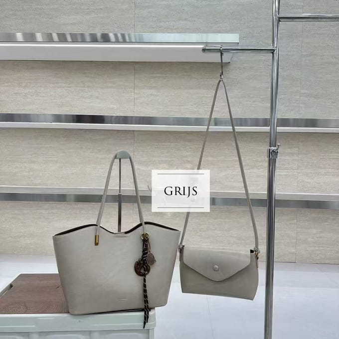 TK-S set Schoudertas-shopper + clutch-handtas met schouderriem, grijs
