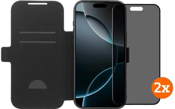 BlueBuilt Apple iPhone 17 Pro Max Book Case Leer Zwart + Privacy Screenprotector Duo Pack