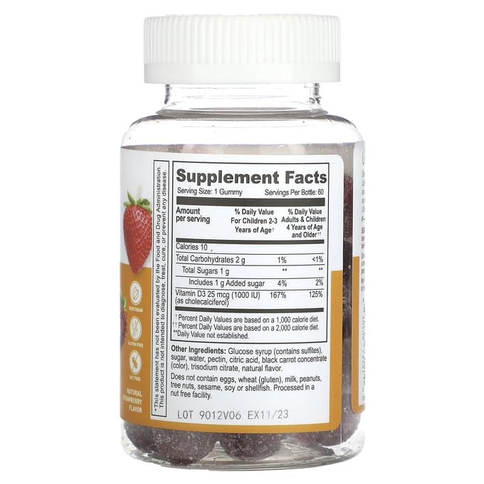 Kinder Vitamine D3 Gummies, Natuurlijke Aardbeiensmaak, 25Mcg (1.000 IE), 60 gummies