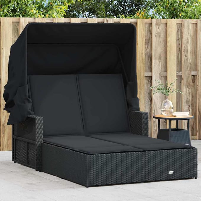 vidaXL - Ligbed - 2-persoons - met - luifel - en - kussens - poly - rattan - zwart