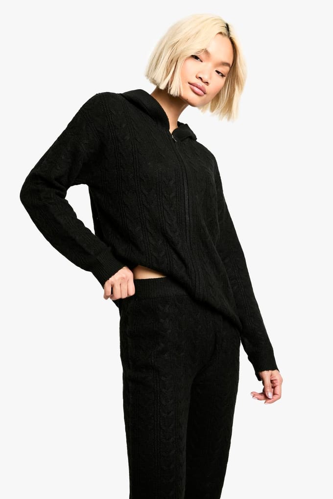boohoo Dames Zacht kabelgebreid trainingspak met capuchon en ritssluiting | Black | Maat: Medium