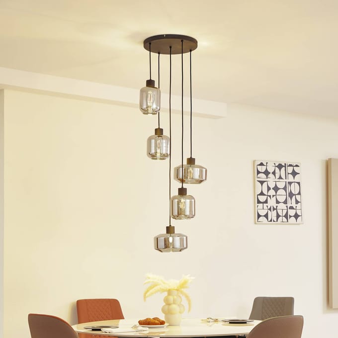 Lindby - hanglamp - 5lichts - Glas, ijzer - H: 16 cm - E27 - rookgrijs, zandzwart